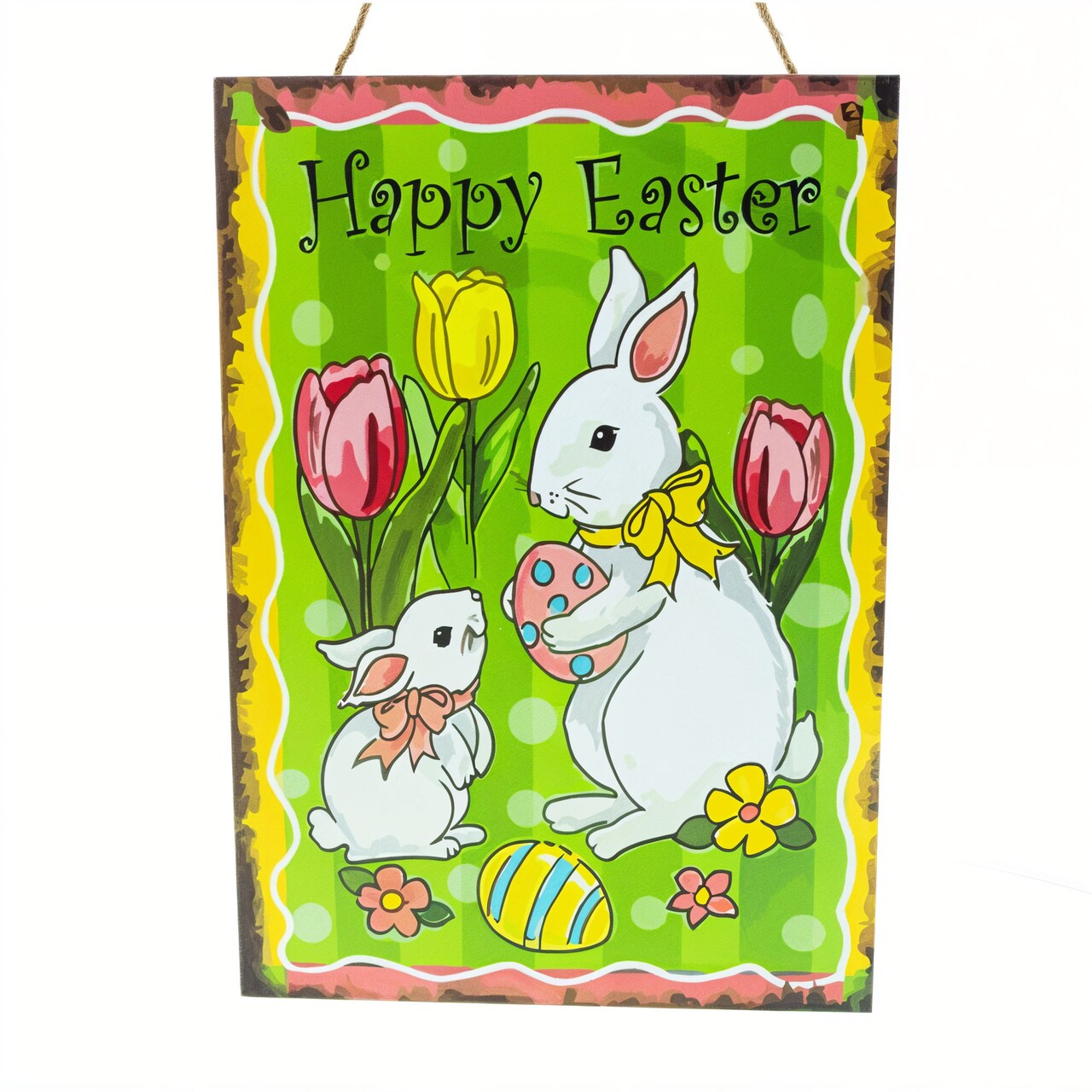 Easter Bunny Decorative Wall Sign Spring Egg Hunt Hanging Plaque with Flowers 10 Inches Tall